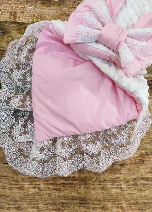 Зимний конверт одеяло с кружевом для новорожденных, белый с розовым