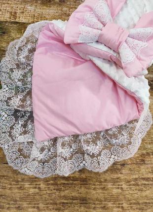 Демисезонный конверт одеяло с кружевом для новорожденных, белый с розовым2 фото