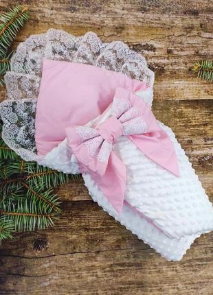 Демисезонный конверт одеяло с кружевом для новорожденных, белый с розовым1 фото