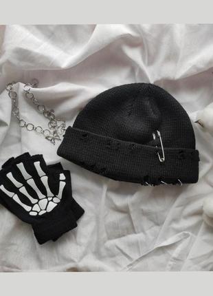 Комплект шапка бини + перчатки митенки скелеты в черном цвете аниме гранж панк рок к поп в корейском стиле набор 2 в 1 весна осень лето