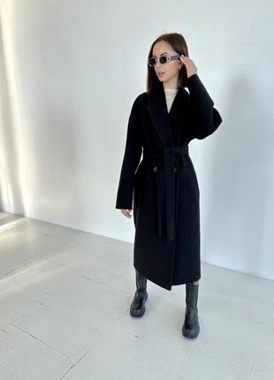 Женское утепленное кашемировое черное длинное пальто свободного кроя