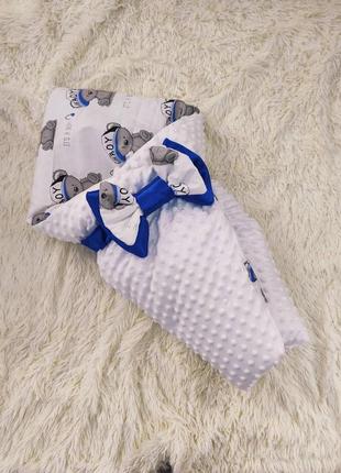Демисезонный плюшевый комплект для новорожденных, принт медвежонок boy, белый с синим3 фото