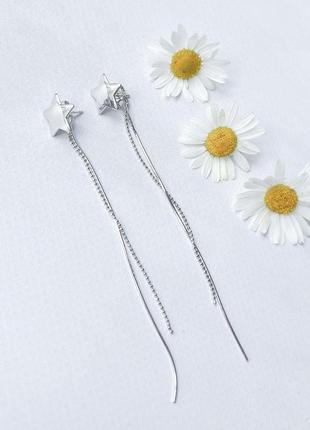 Серебряные серьги подвески без камней гвоздики с цепочкой висящие женские сережки из серебра со звездочкой2 фото