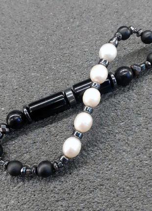 Браслет мужской "ень янь" агат шунгит жемчуга