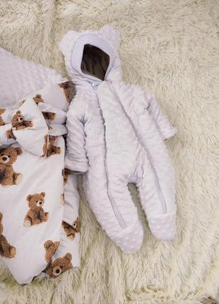 Демисезонный плюшевый комплект для новорожденных, белый с коричневым3 фото