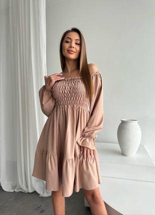 Платье женское короткое по колено резинка на груди 42-52 бежевое, черное