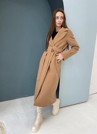 Роскошное женское утепленное демисезонное кашемировое пальто в цвете кемел6 фото