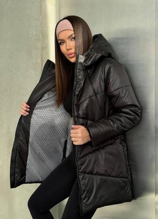Куртка удлиненная стеганная теплая с капюшоном черный 42/446 фото