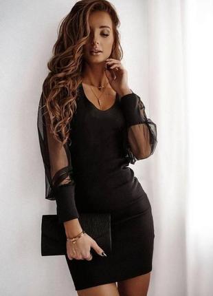 Эффектное облегающее женское мини платье с глубоким вырезом креп дайвинг+евросетка цвет чёрный6 фото