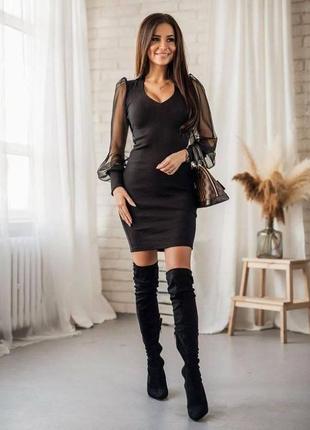 Эффектное облегающее женское мини платье с глубоким вырезом креп дайвинг+евросетка цвет чёрный4 фото