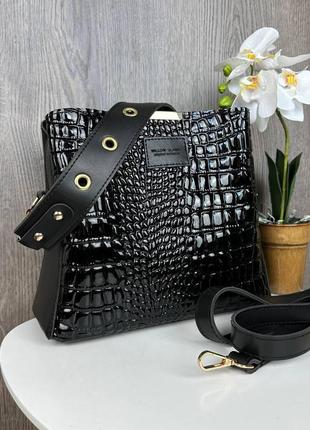 Женская стильная сумка под кожу рептилию, небольшая сумочка для девушки с двумя ремешками