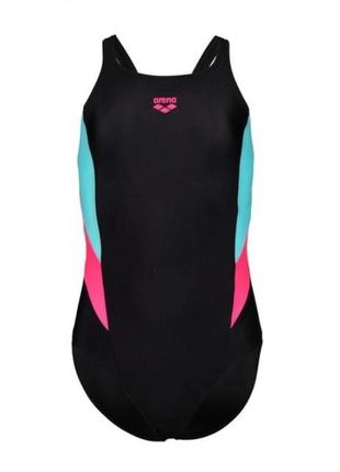 Купальник закритий для дівчат arena swimsuit v back panel чорний, рожевий, бірюзовий діт 116см