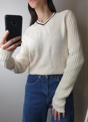 Стильний бавовняний светр джемпер подовжений в'язаний із v-подібним коміром під горло2 фото