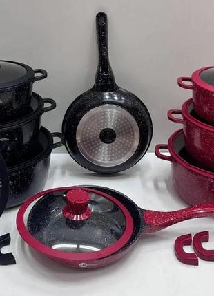Кухонный набор посуды с антипригарным покрытием higher kitchen hk-324 (красный, черный)7 фото