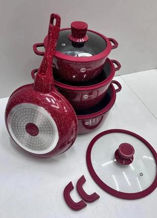 Кухонний набір посуду з антипригарним покриттям higher kitchen hk-324 (червоний, чорний)1 фото