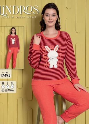 Женская пижама трикотаж ангора в рубчик в полоску кролик lindros, коралловый1 фото