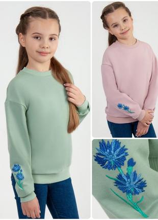 Подростковый свитшот с вышивкой на рукавах, фисташковый джемпер, пудровый батник