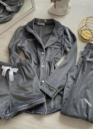 Плюшевый комплект три в одном: рубашка, штаны и шорты l серый