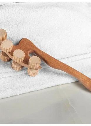 Массажер универсальный антицеллюлитный деревянный роликовый с ручкой на 8 роликов "топорик"3 фото
