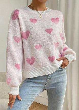 6 цветов! шерстяной свитер с сердцами, с сердечками, с принтом оверсайз, теплый, с шерстью, с шерстью, белый, черный, розовый, бежевый8 фото
