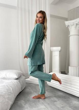 Женская велюровая пижама домашний костюм тройка штаны футболка и халат комплект 3 ка7 фото