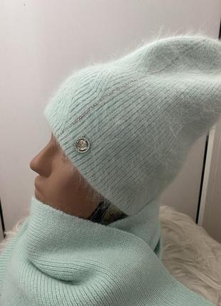 Мятный ментоловый комплект шапка и шарф ангора2 фото