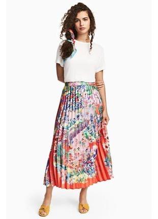 Крутая терракотовая цветочная яркая плиссированная юбка в складку в принт от h&amp;m! размер м- l3 фото
