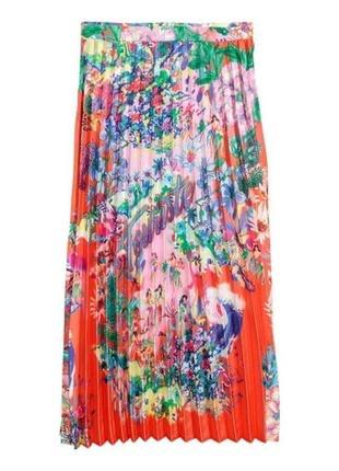 Крутая терракотовая цветочная яркая плиссированная юбка в складку в принт от h&m! размер м- l