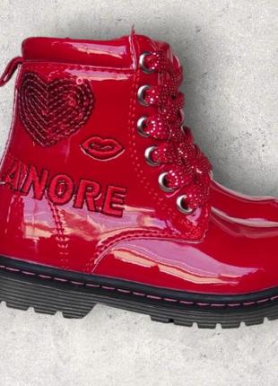 Стильные детские ботинки деми красные лаковые для девочки утепленые на флисе весна, осень3 фото