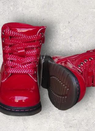 Стильные детские ботинки деми красные лаковые для девочки утепленые на флисе весна, осень4 фото