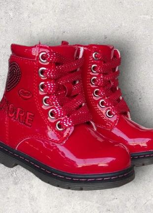 Стильные детские ботинки деми красные лаковые для девочки утепленые на флисе весна, осень7 фото