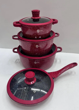 Кухонний набір посуду з антипригарним покриттям higher kitchen hk-324 (червоний, чорний)5 фото