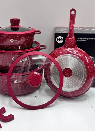 Кухонный набор посуды с антипригарным покрытием higher kitchen hk-324 (красный, черный)10 фото