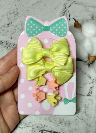 Резинки для волосся дитячі бантики та корони жовті набір 6 шт