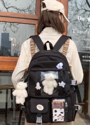 Рюкзак чорний з 2 ведмедями, значками та картками в японскому стилі2 фото