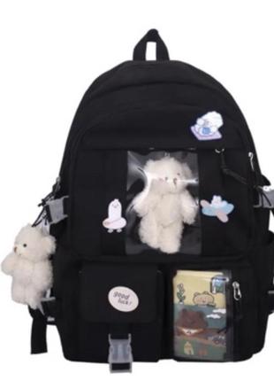 Рюкзак чорний з 2 ведмедями, значками та картками в японскому стилі4 фото