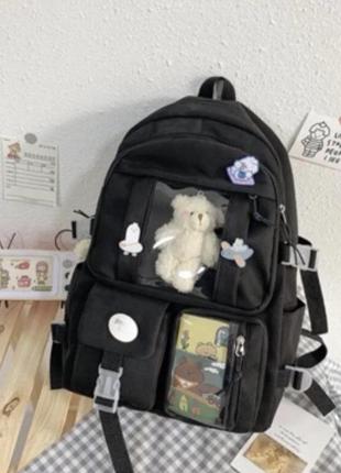 Рюкзак чорний з 2 ведмедями, значками та картками в японскому стилі3 фото