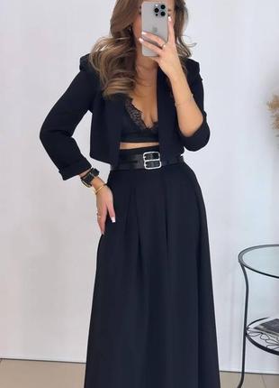 Костюм женский черный оверсайз пиджак топ с кружевом юбка миди свободного кроя на высокой посадке качественный стильный