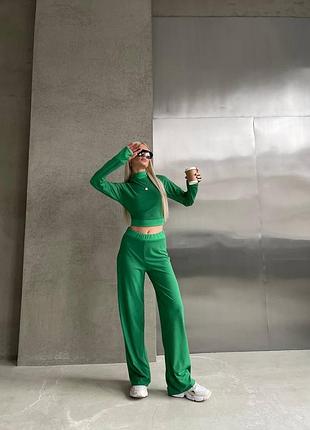 Эффектный костюм в рубчик стильный женский комплект кофта и штаны на высокой посадке