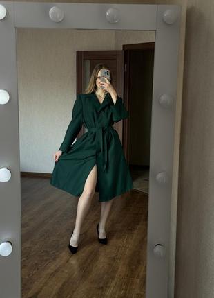 Зелёное изумрудное стильная тренч пальто плащ размер л с карманами10 фото