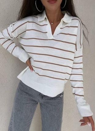 Смугастий светр поло з коміром в смужку, кофтинка з коміром поло смугаста4 фото
