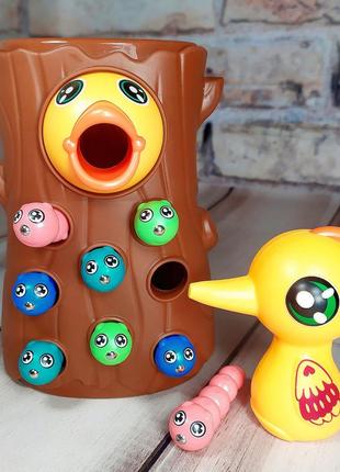 Дитяча магнітна рибалка "нагодуй пташеня", черв'ячки, дятел