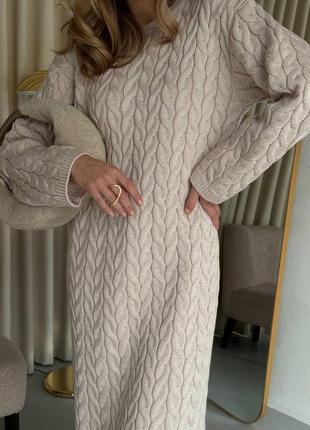 Изысканное теплое вязаное платье коси 50% шерсть, платье миди с объемной вязкой8 фото