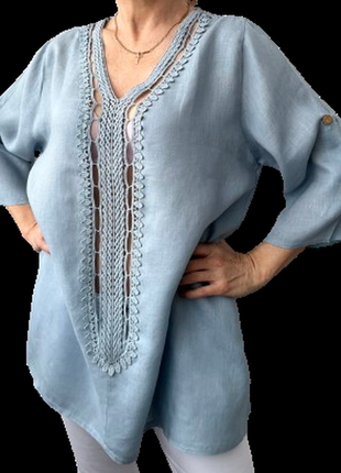 Льняная блуза  италия голубая с х/б кружевом 46-50 новая8 фото