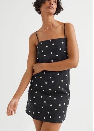 Стильное льняное мини платье в горошек h&m