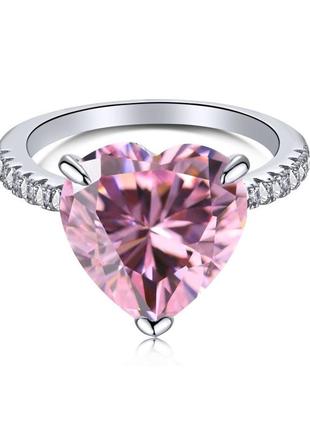 Серебряное s925 кольцо с розовым большим сердцем камнем фианитом, серебряная кольца с сердцем, романтическая кольца девушке подарок
