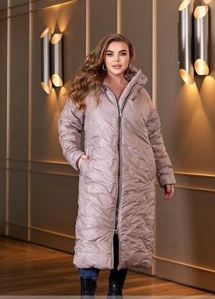 Пальто женское стеганое длинное, теплое,  с капюшоном, батал, большие размеры, бежевое2 фото