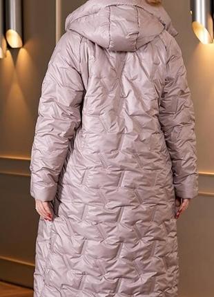 Пальто женское стеганое длинное, теплое,  с капюшоном, батал, большие размеры, бежевое4 фото