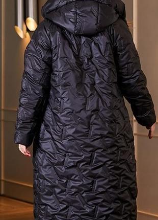 Пальто женское стеганое длинное, теплое,  с капюшоном, батал, большие размеры, черное3 фото