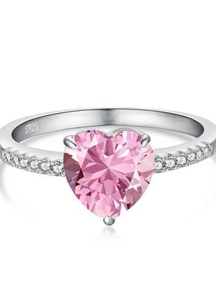 Серебряное s925 кольцо с розовым сердцем камнем фианитом, серебряное кольцо с сердцем, романтическая кольца девушке подарок, кольцо розовое